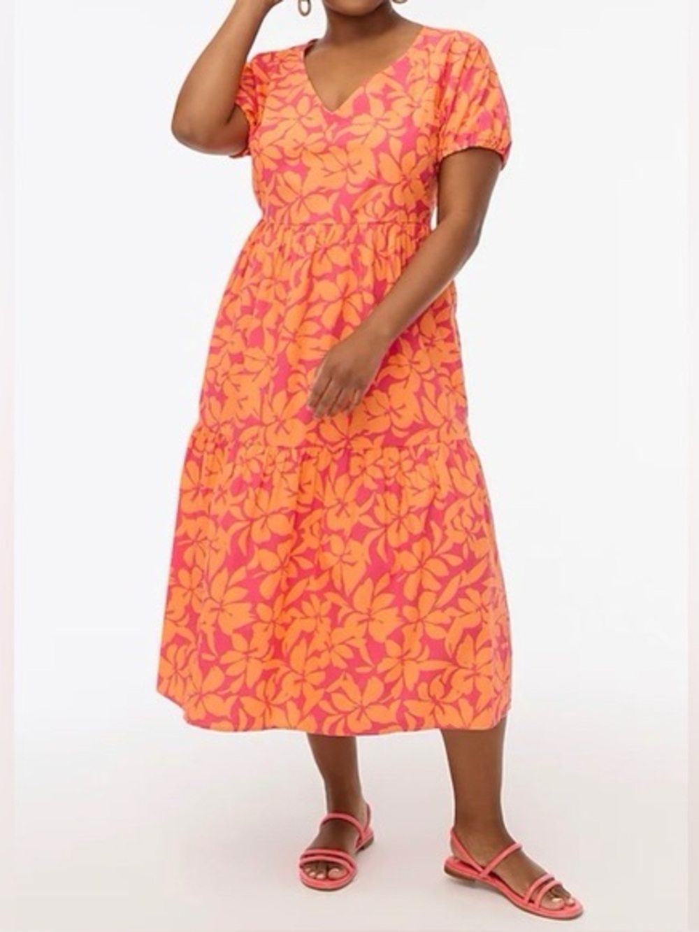 J.Crew Orange Pink Tropical Floral Midi Dress Puff Sleeve 12 Cotton Vacation